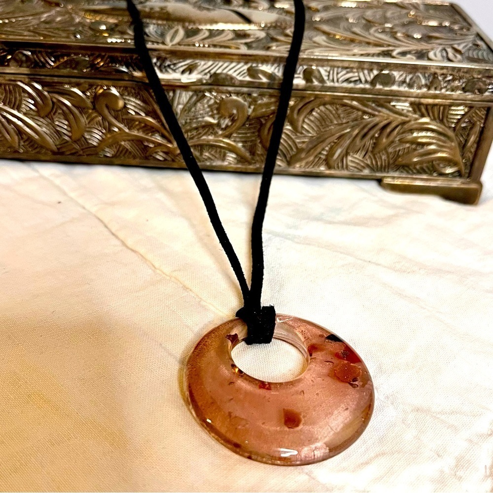 Handmade Dichroic Glass Donut Pendant Necklace Rose Pink Gold Fused Art Jewelry - Picture 5 of 17